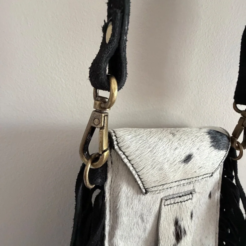 Genuine Hair-On Cowhide Fringe Crossbody & Belt Bag Black White Western Concho
